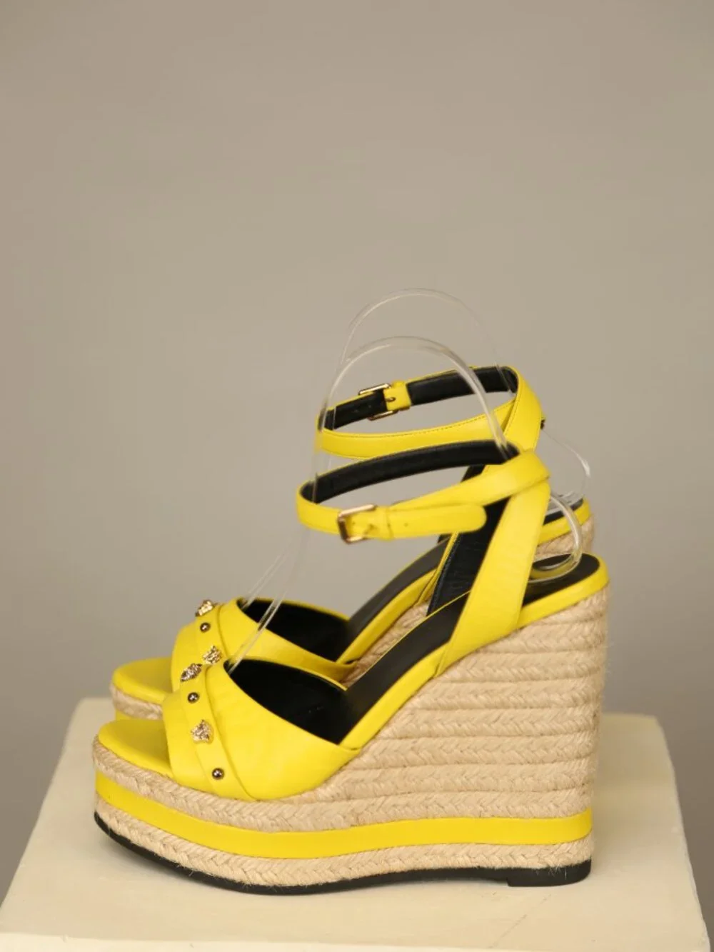 Versace Yellow Leather Espadrille Platform Wedge Sandals